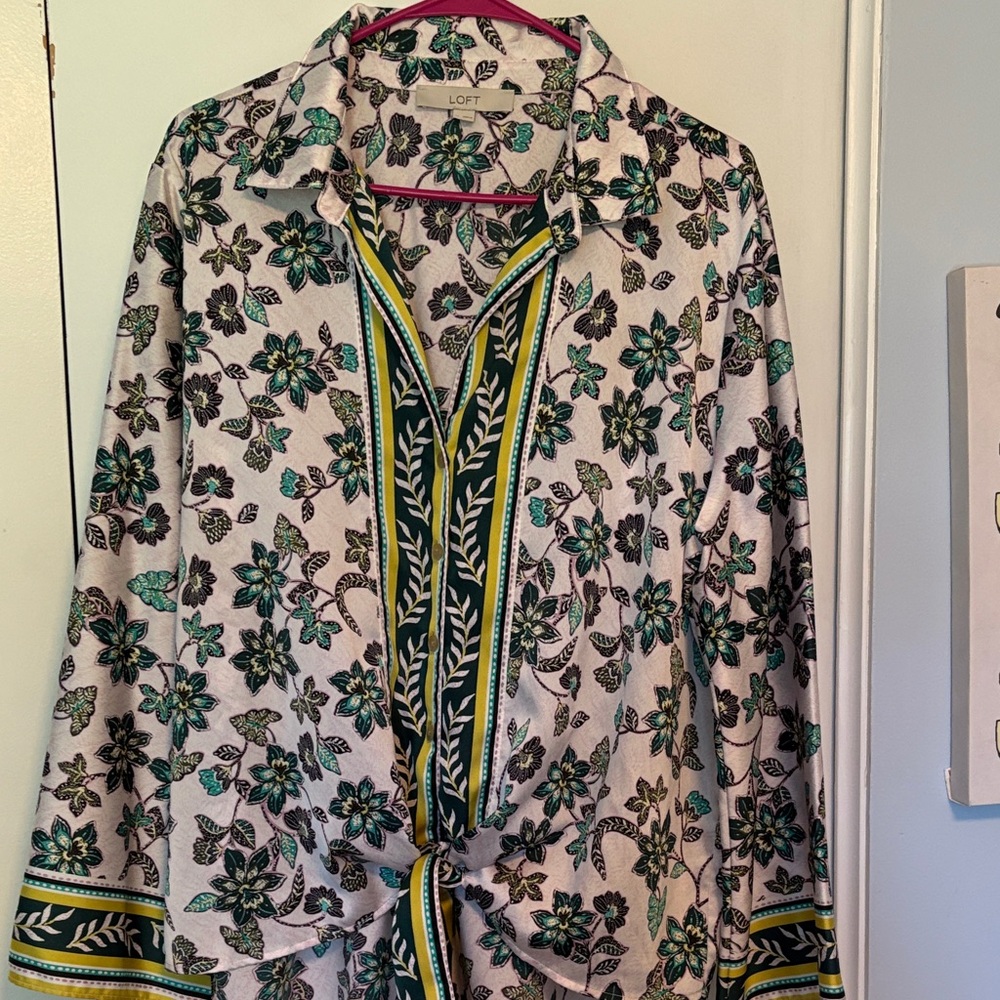 LOFT Floral Button Down Shirt - Green, Black, and Yellow